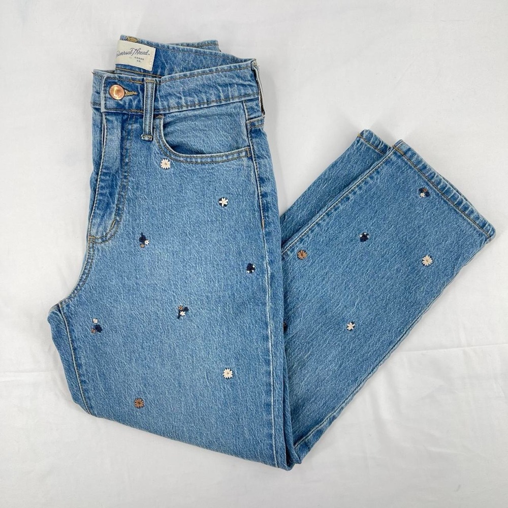 Women's Boho High Rise Jeans 24 XS Cottagecore Floral Embroidered Straight Leg